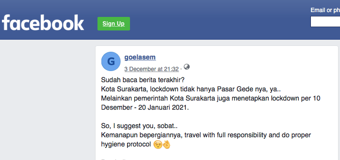 Tangkapan layar hoaks Solo lockdown dari Facebook 